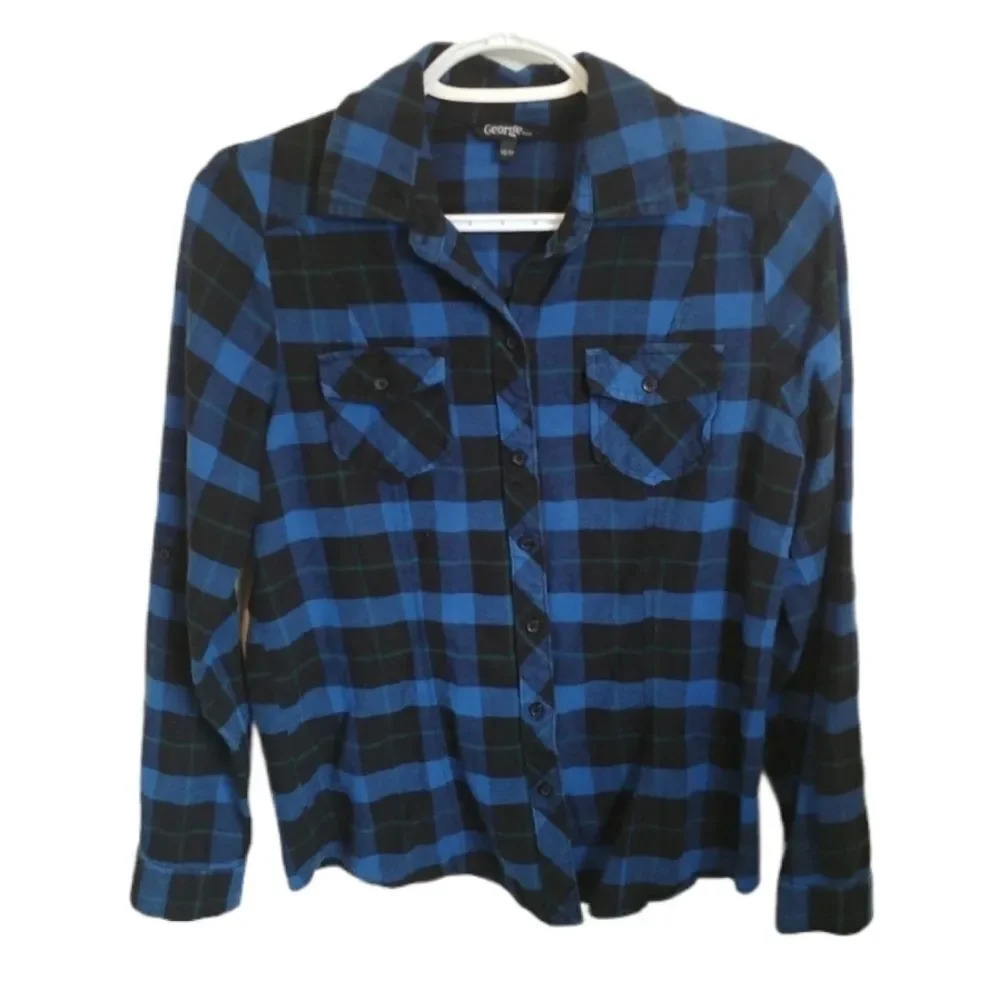 George Blue & Black Plaid Flannel Top, XS
